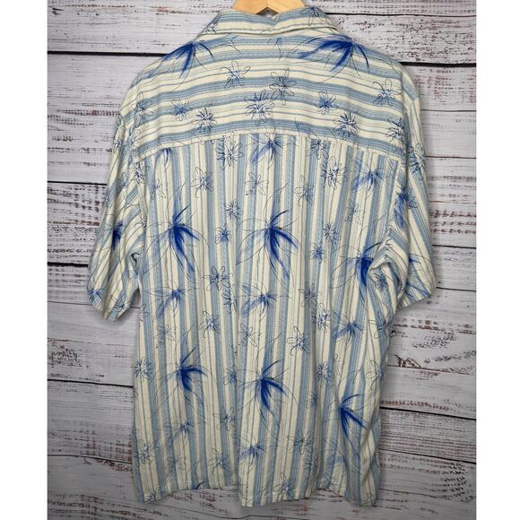 Paradise Coves Mens XL Hawaiian Shirt 100% Silk Blue  Stripe Palm Tree Aloha EUC - Picture 2 of 5